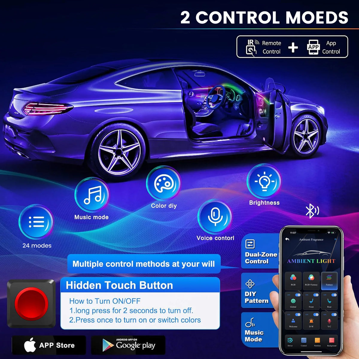 RGB Ambientebeleuchtung fürs Auto – App & Music Sync